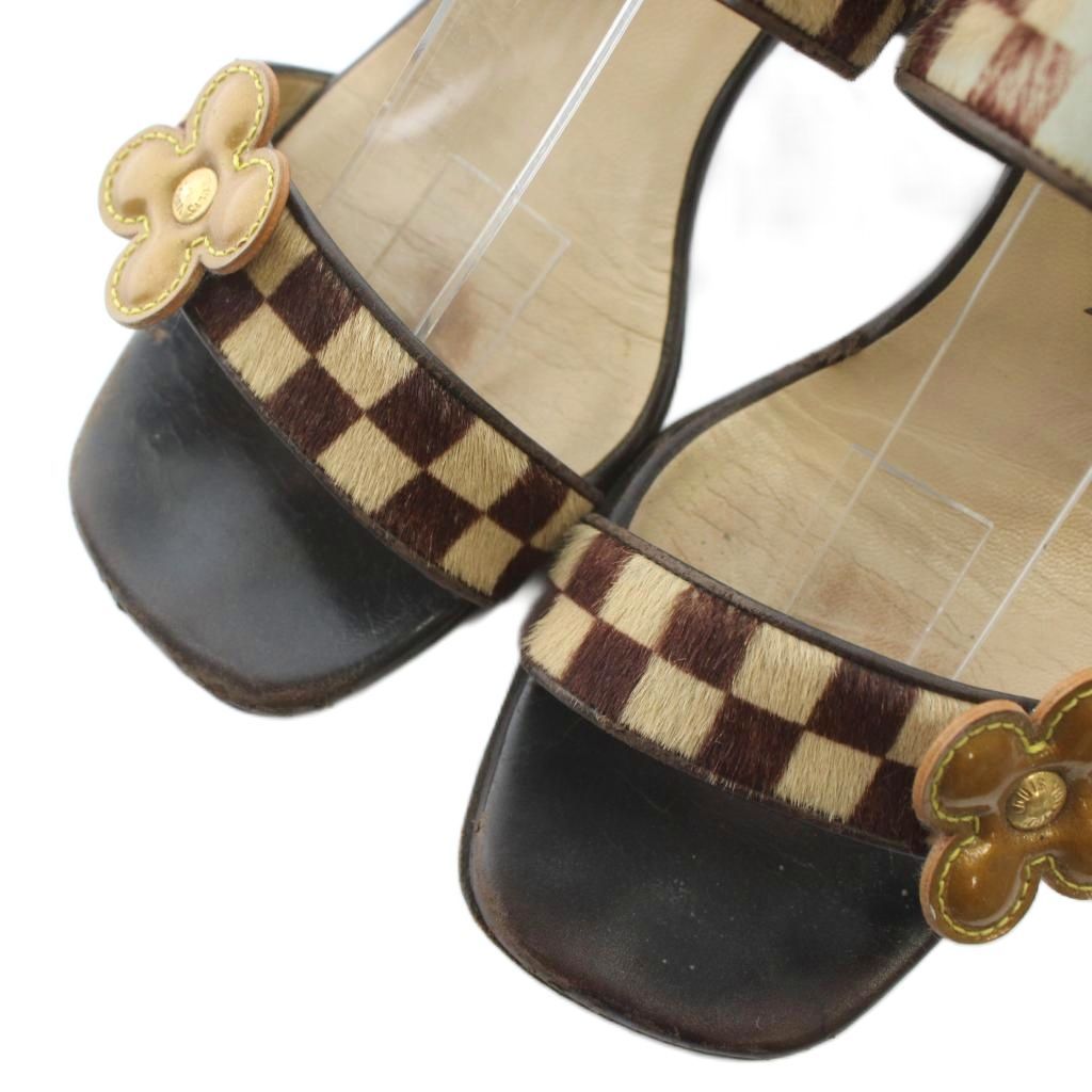 LOUIS VUITTON Damier Sandals Leather Haraco Open Toe Chunky Heel Strap Flower
