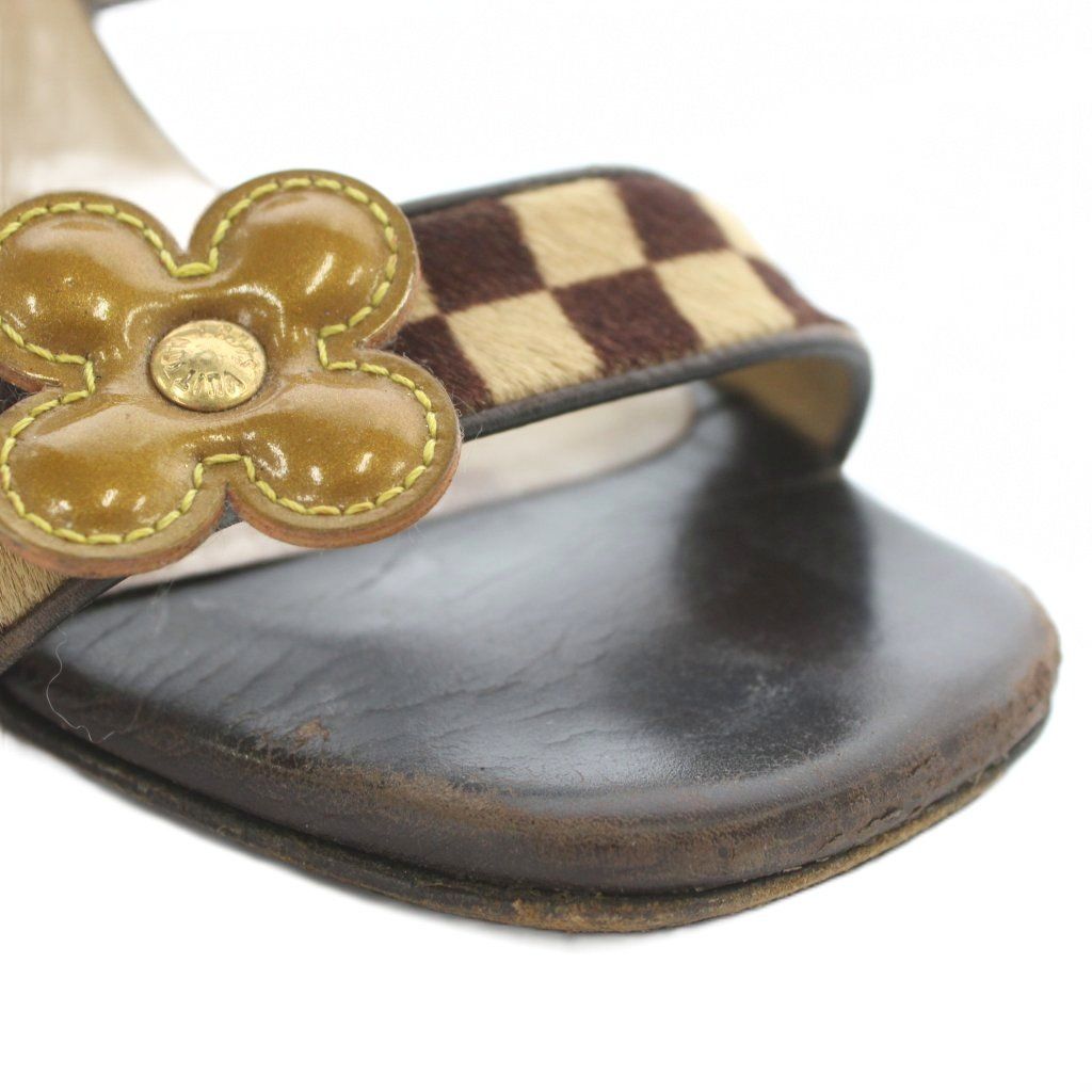 LOUIS VUITTON Damier Sandals Leather Haraco Open Toe Chunky Heel Strap Flower