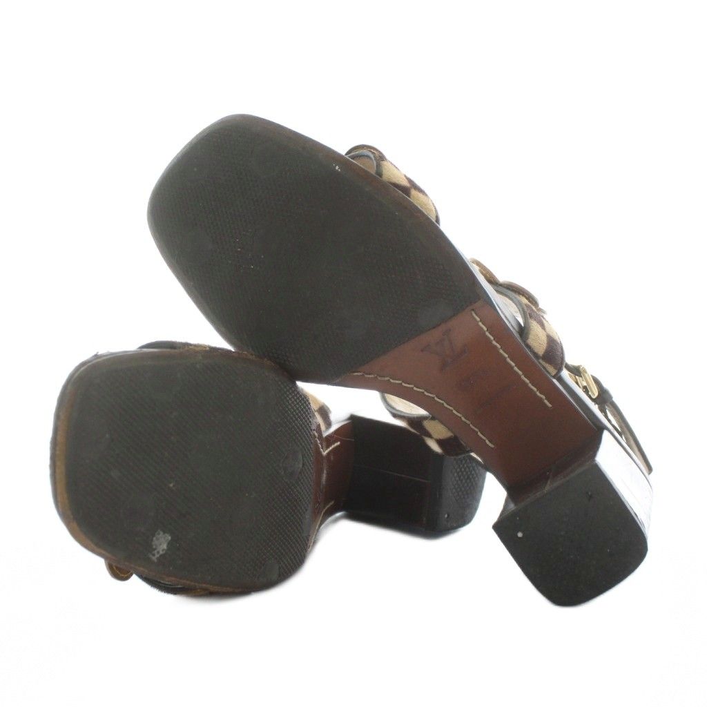 LOUIS VUITTON Damier Sandals Leather Haraco Open Toe Chunky Heel Strap Flower