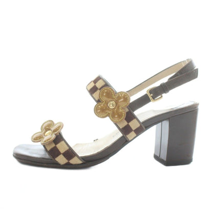 LOUIS VUITTON Damier Sandals Leather Haraco Open Toe Chunky Heel Strap Flower