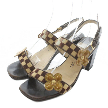 LOUIS VUITTON Damier Sandals Leather Haraco Open Toe Chunky Heel Strap Flower