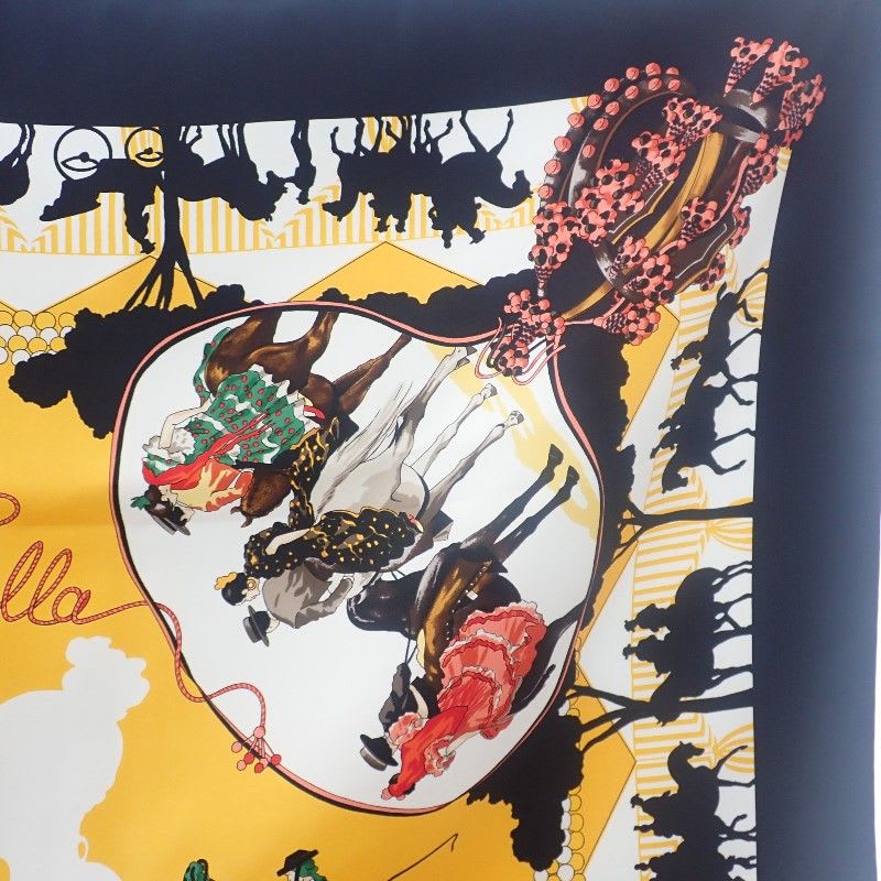 Hermes Carre 90 Ferea De Levlla Scarf Silk Black Yellow Ladies