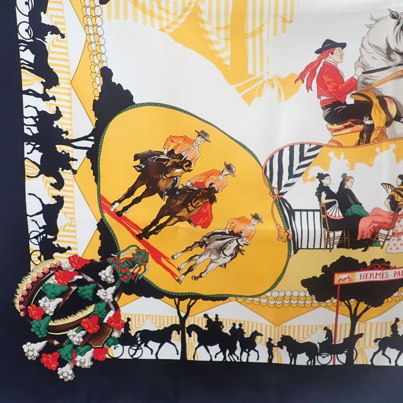Hermes Carre 90 Ferea De Levlla Scarf Silk Black Yellow Ladies