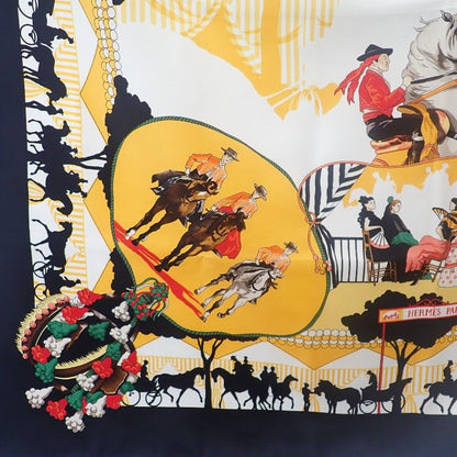 Hermes Carre 90 Ferea De Levlla Scarf Silk Black Yellow Ladies