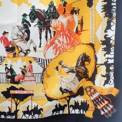 Hermes Carre 90 Ferea De Levlla Scarf Silk Black Yellow Ladies