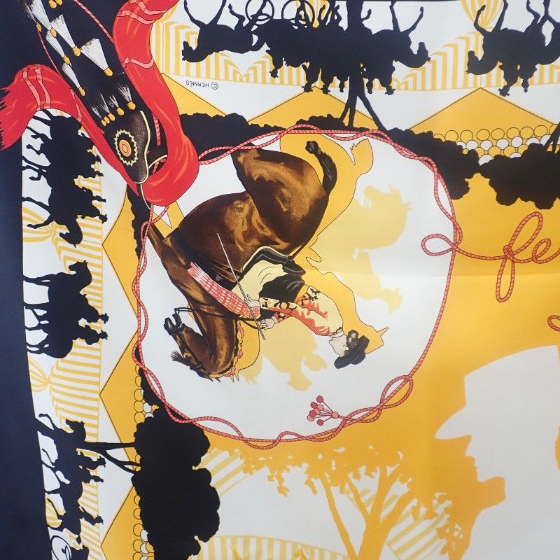 Hermes Carre 90 Ferea De Levlla Scarf Silk Black Yellow Ladies