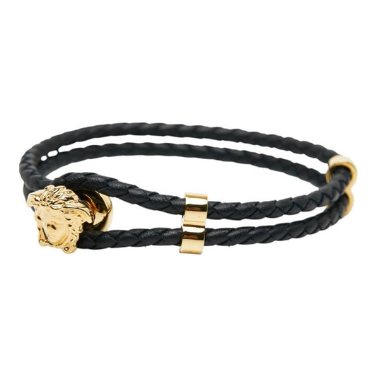 Versace Medusa Bracelet 2 Rows Black Gold Leather Plated Ladies Versace