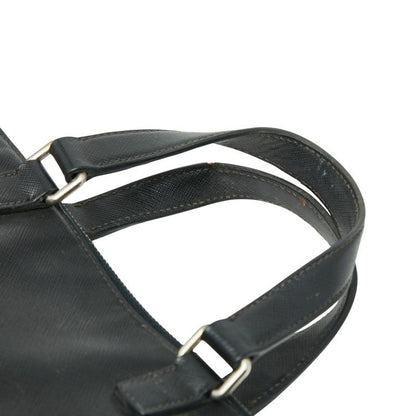 Prada Triangle Logo Plate Handbag Business Bag Black Saffiano Leather Women's