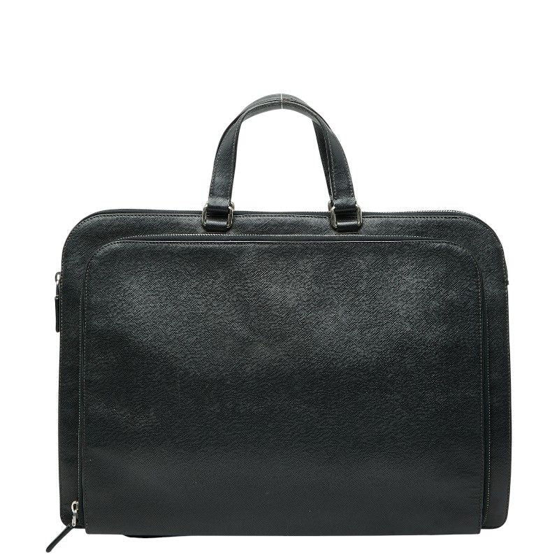 Prada Triangle Logo Plate Handbag Business Bag Black Saffiano Leather Women's