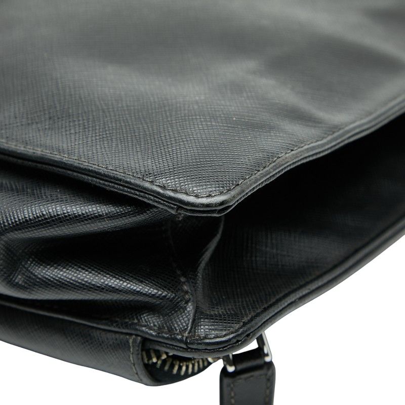 Prada Triangle Logo Plate Handbag Business Bag Black Saffiano Leather Women's