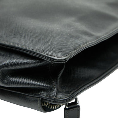Prada Triangle Logo Plate Handbag Business Bag Black Saffiano Leather Women's