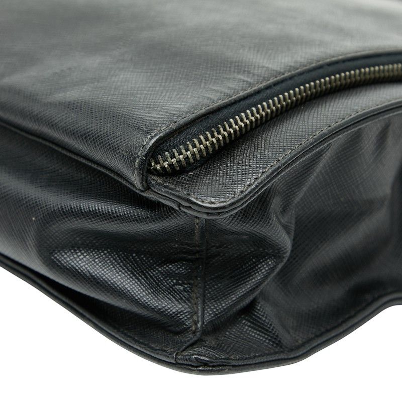 Prada Triangle Logo Plate Handbag Business Bag Black Saffiano Leather Women's
