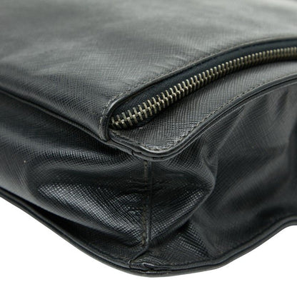 Prada Triangle Logo Plate Handbag Business Bag Black Saffiano Leather Women's