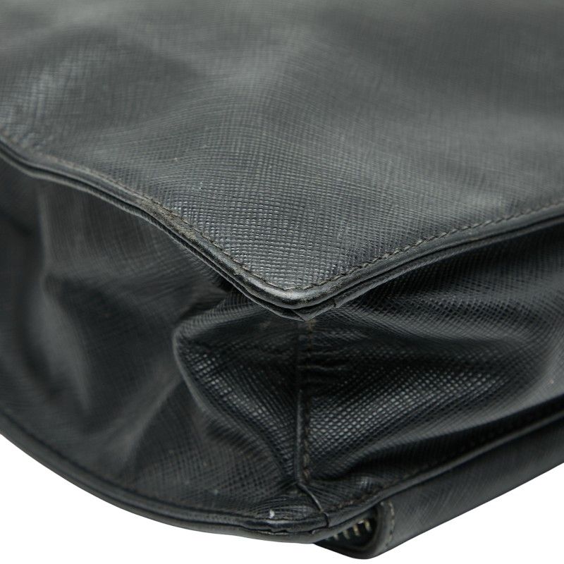 Prada Triangle Logo Plate Handbag Business Bag Black Saffiano Leather Women's