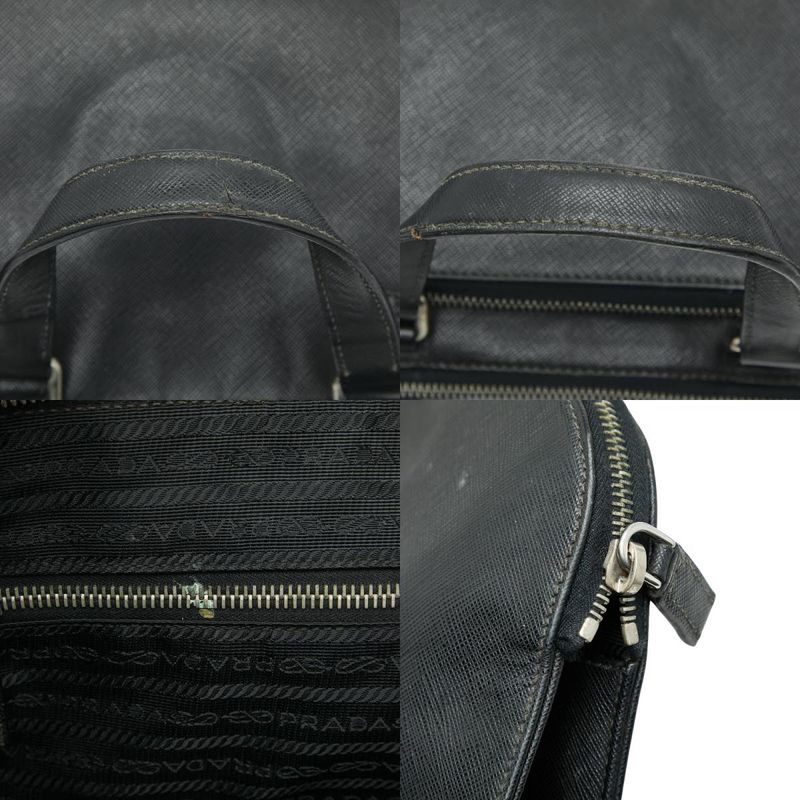 Prada Triangle Logo Plate Handbag Business Bag Black Saffiano Leather Women's
