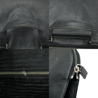 Prada Triangle Logo Plate Handbag Business Bag Black Saffiano Leather Women's
