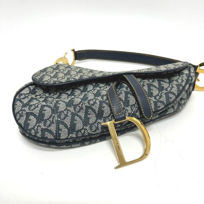 Christian Dior Shoulder Bag Trotter Oblique Saddle Bag Canvas Leather Navy