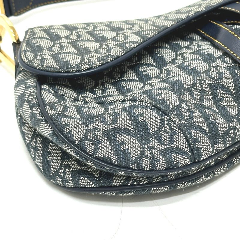 Christian Dior Shoulder Bag Trotter Oblique Saddle Bag Canvas Leather Navy