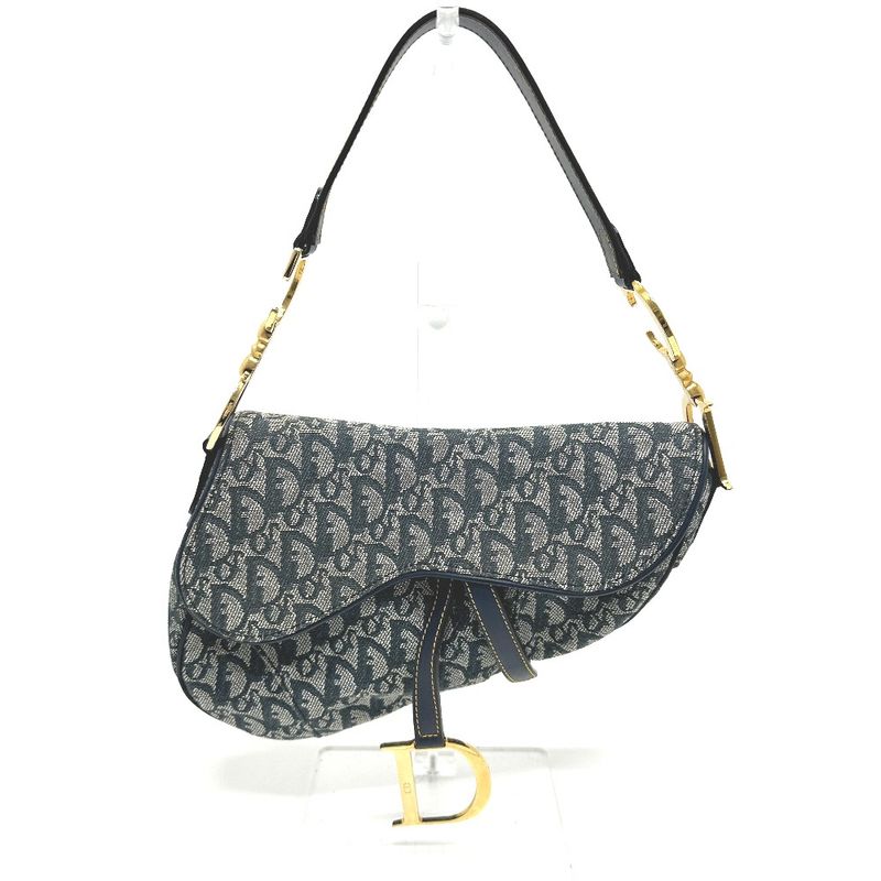 Christian Dior Shoulder Bag Trotter Oblique Saddle Bag Canvas Leather Navy