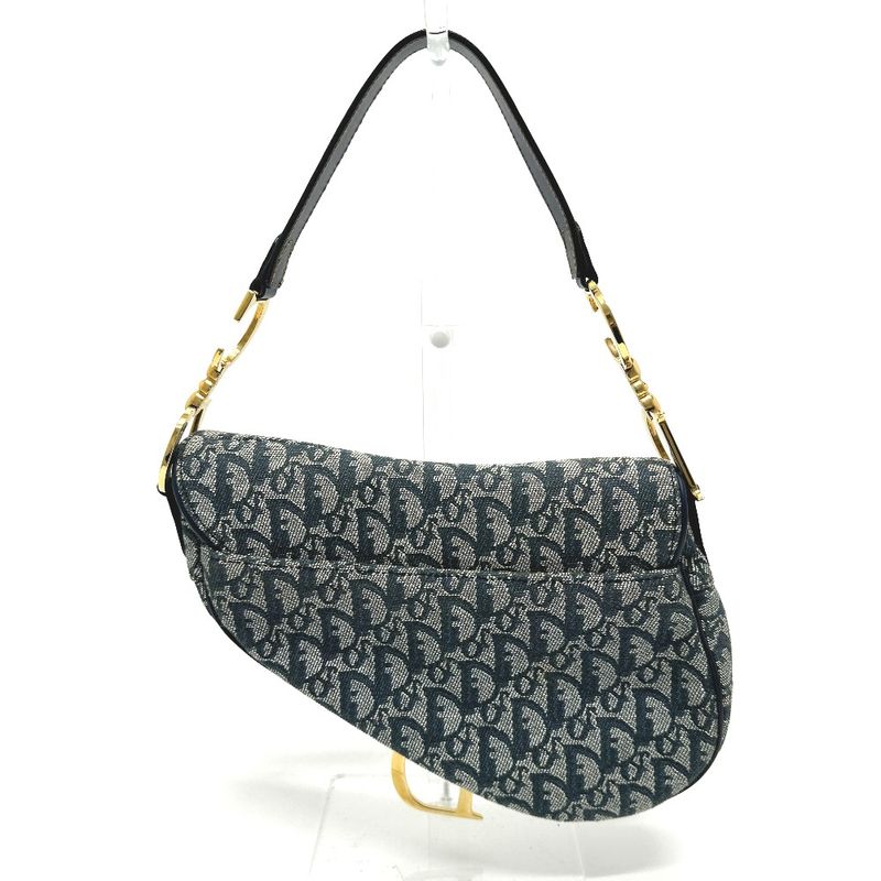 Christian Dior Shoulder Bag Trotter Oblique Saddle Bag Canvas Leather Navy