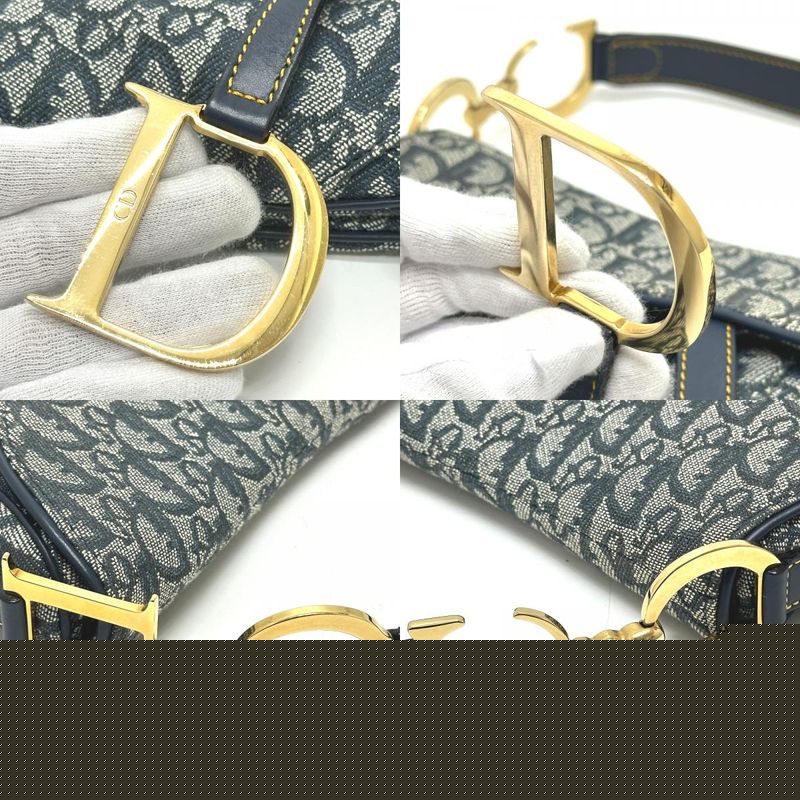Christian Dior Shoulder Bag Trotter Oblique Saddle Bag Canvas Leather Navy