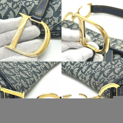 Christian Dior Shoulder Bag Trotter Oblique Saddle Bag Canvas Leather Navy
