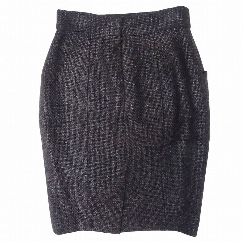 Chanel Tweed Skirt Tight Knee Length Coco Mark Plate Braided 14