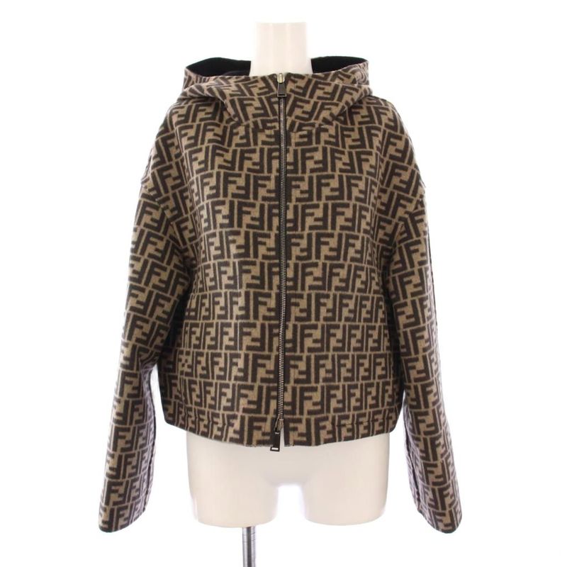 Fendi FF Logo Reversible Cropped Jacket Hoodie Outerwear 38 Black Beige