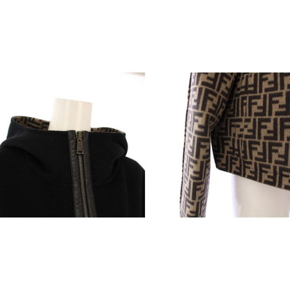 Fendi FF Logo Reversible Cropped Jacket Hoodie Outerwear 38 Black Beige