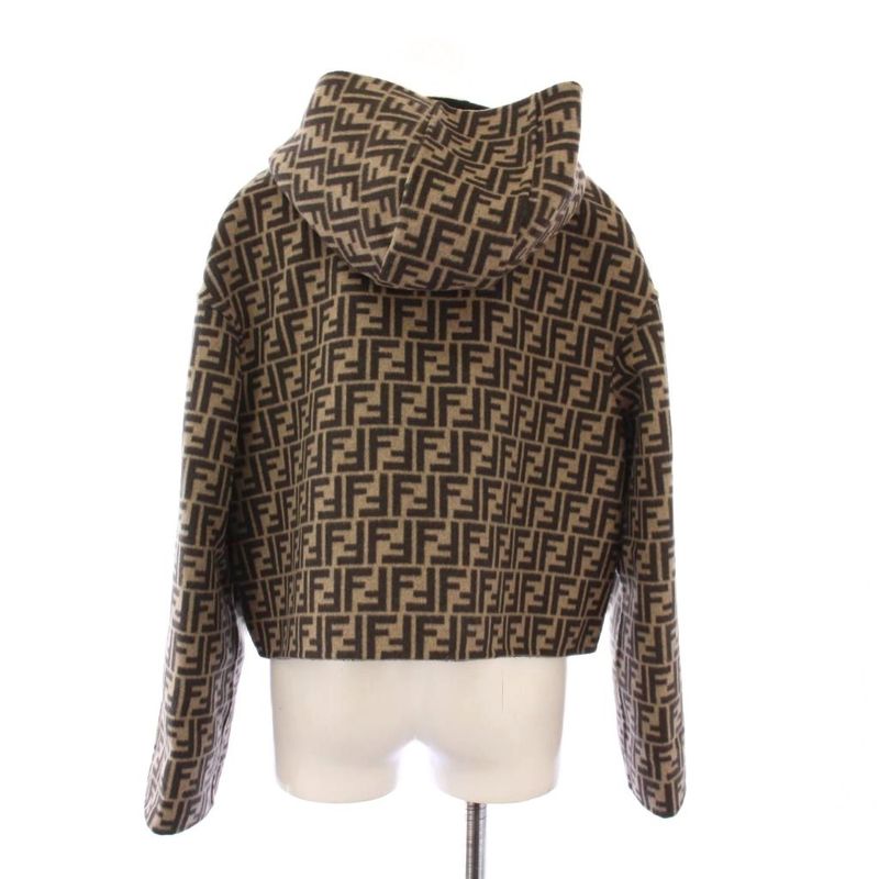 Fendi FF Logo Reversible Cropped Jacket Hoodie Outerwear 38 Black Beige