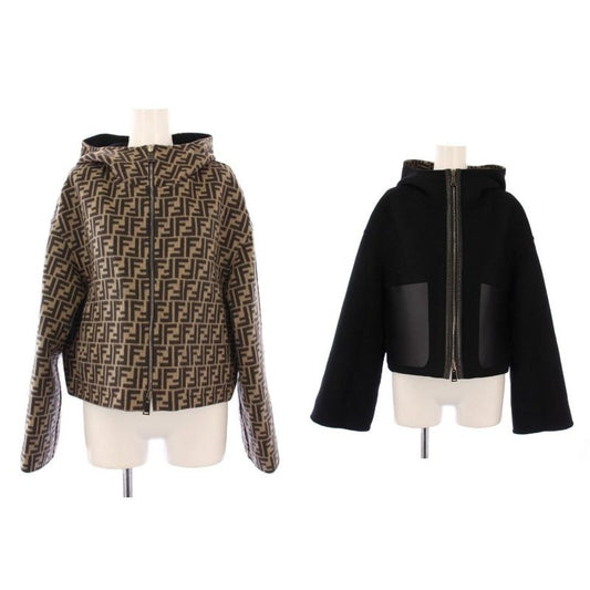 Fendi FF Logo Reversible Cropped Jacket Hoodie Outerwear 38 Black Beige