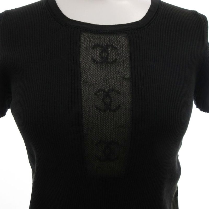 Chanel Vintage Rib Knit Coco Mark Mesh Switch Short Sleeve 36 Brown FF Gy62