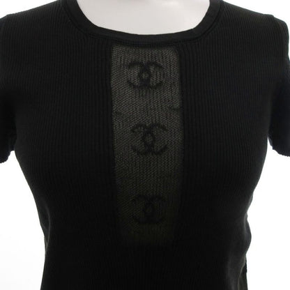 Chanel Vintage Rib Knit Coco Mark Mesh Switch Short Sleeve 36 Brown FF Gy62