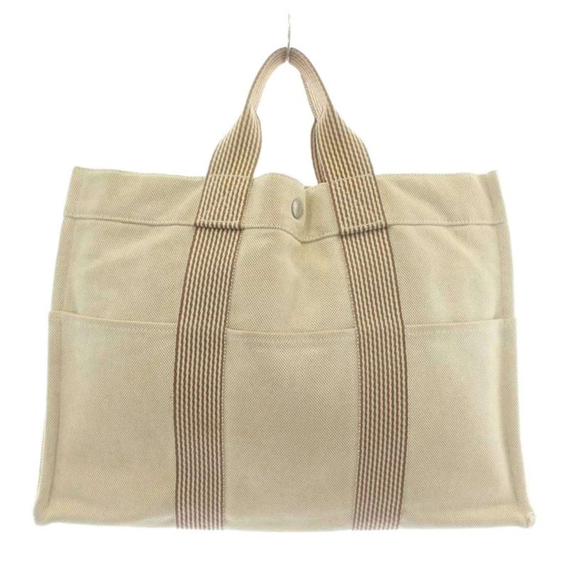 Hermes Fourre Tout MM Tote Bag Hand Canvas Striped Beige Brown Xz • Oh • Gy11