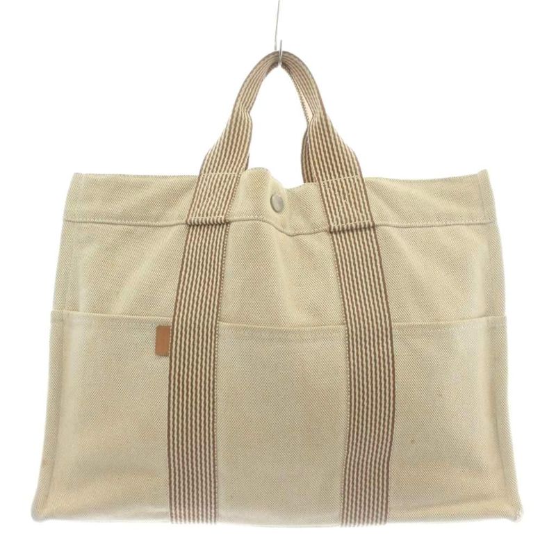 Hermes Fourre Tout MM Tote Bag Hand Canvas Striped Beige Brown Xz • Oh • Gy11