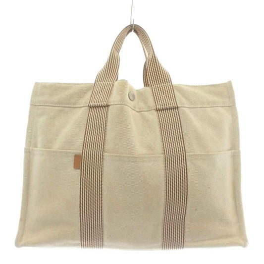 Hermes Fourre Tout MM Tote Bag Hand Canvas Striped Beige Brown Xz • Oh • Gy11