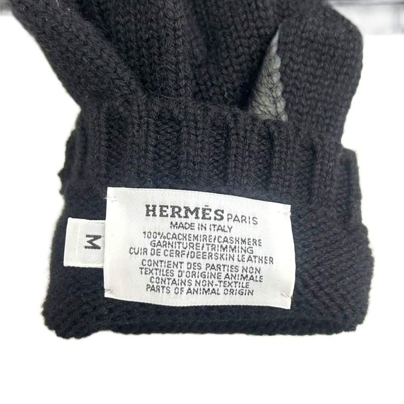 Hermes Baltimore Gloves 5 Fingers Cashmere Leather Black Kw • Gy18