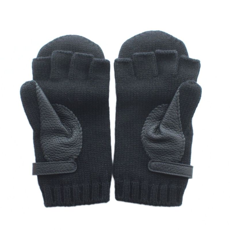 Hermes Baltimore Gloves 5 Fingers Cashmere Leather Black Kw • Gy18