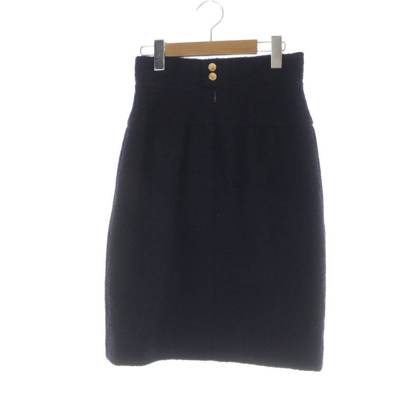 Chanel Middle Skirt Tight Coco Mark Side Line Zip Fly Gold Button Mohair Silk