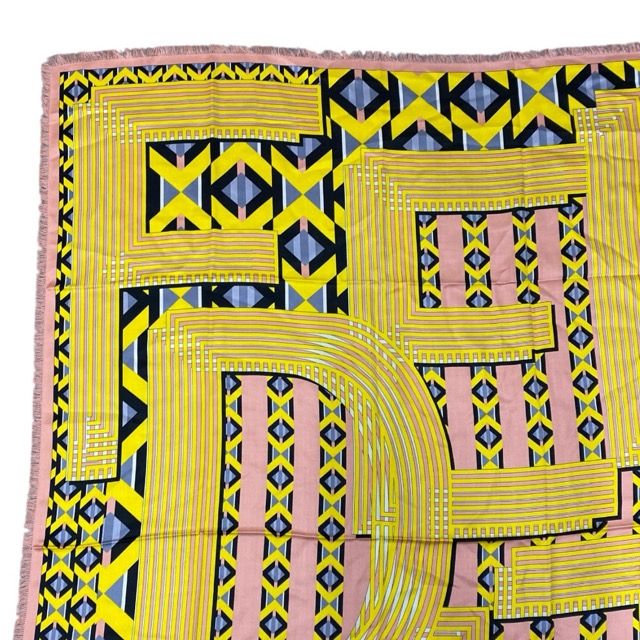 Fendi Scarf Shawl Accessory Large Allover Pattern Silk Wool Yellow X Pink