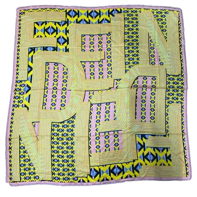 Fendi Scarf Shawl Accessory Large Allover Pattern Silk Wool Yellow X Pink