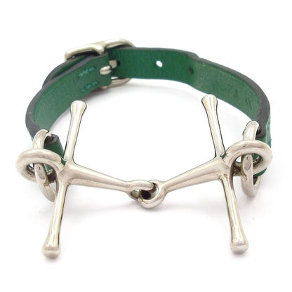 Hermes Bracelet Mall Leather Green X Silver