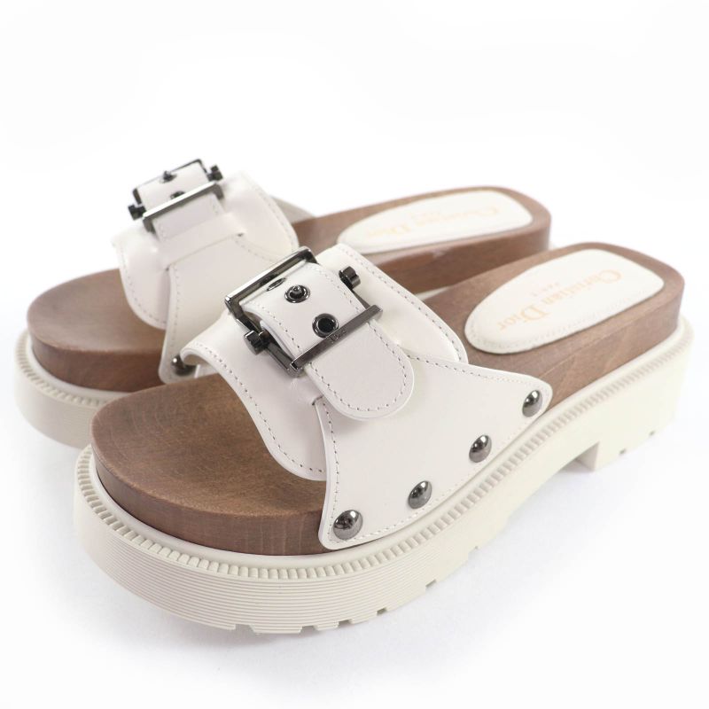 Christian Diorquake Belt Design Leather Slide Sandals White 35 Made In Italy