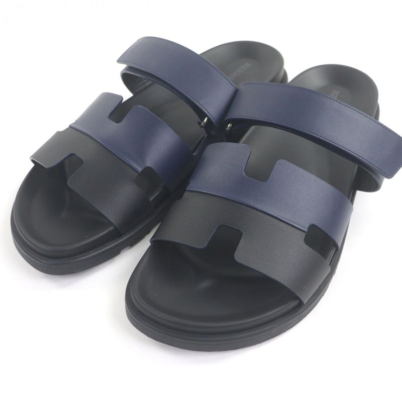 □hermes Chypre Leather H Logo Design Shower Sandals Slide Sandals Black Blue 44