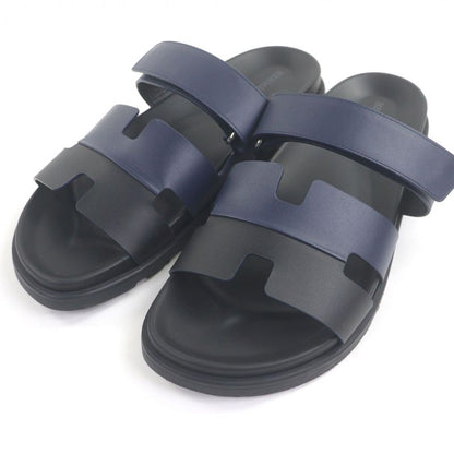 □hermes Chypre Leather H Logo Design Shower Sandals Slide Sandals Black Blue 44