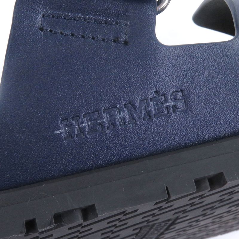 □hermes Chypre Leather H Logo Design Shower Sandals Slide Sandals Black Blue 44