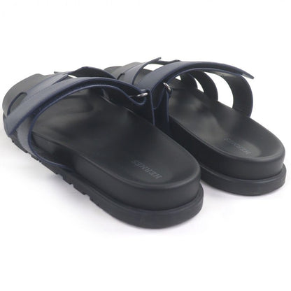 □hermes Chypre Leather H Logo Design Shower Sandals Slide Sandals Black Blue 44