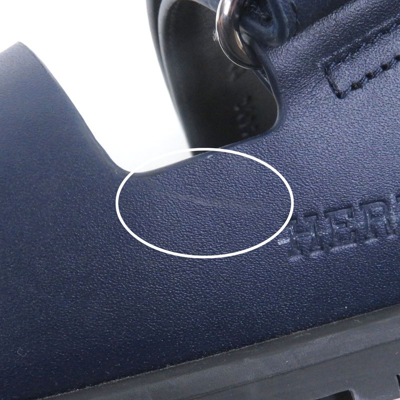 □hermes Chypre Leather H Logo Design Shower Sandals Slide Sandals Black Blue 44