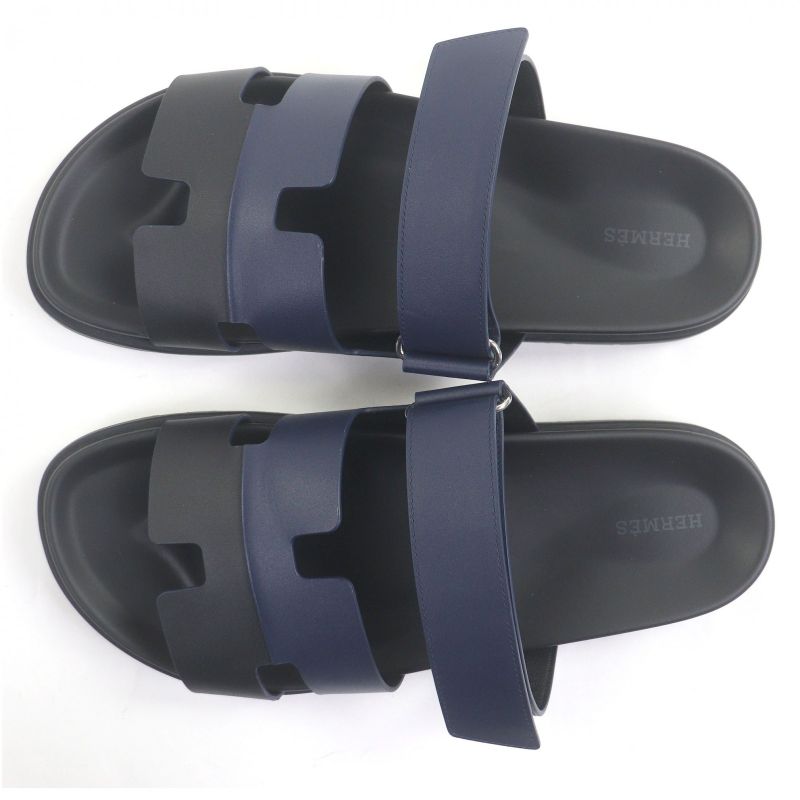□hermes Chypre Leather H Logo Design Shower Sandals Slide Sandals Black Blue 44