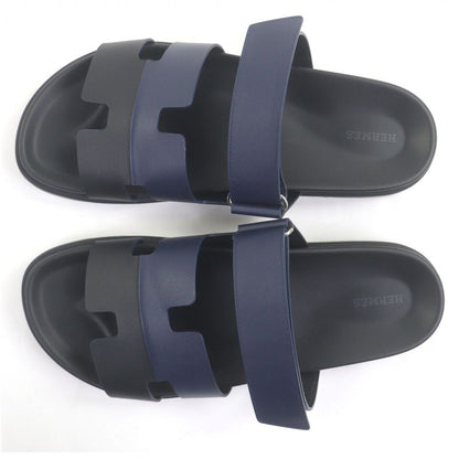 □hermes Chypre Leather H Logo Design Shower Sandals Slide Sandals Black Blue 44